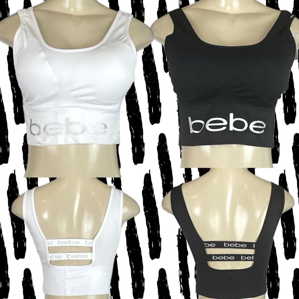 Bebe +1X Black-White Logo Double Back Straps Removable Pads Seamless Bras-2-Pk